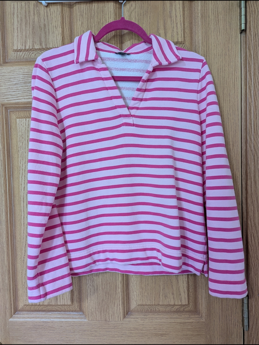 Women's Medium Pink Striped Polo-Style Long Sleeve Top